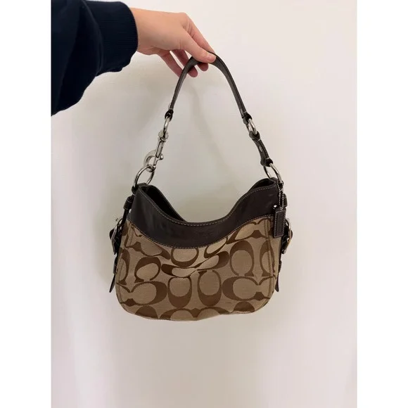 Coach Signature Jacquard Brown Leather Trim Hobo Shoulder Bag Monogram Canvas - Picture 2 of 16